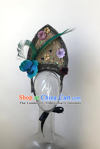 Top Grade Chinese Theatrical Headdress Ornamental Exaggerated Feather Hair Accessories, Halloween Fancy Ball Ceremonial Occasions Handmade Headwear for Women