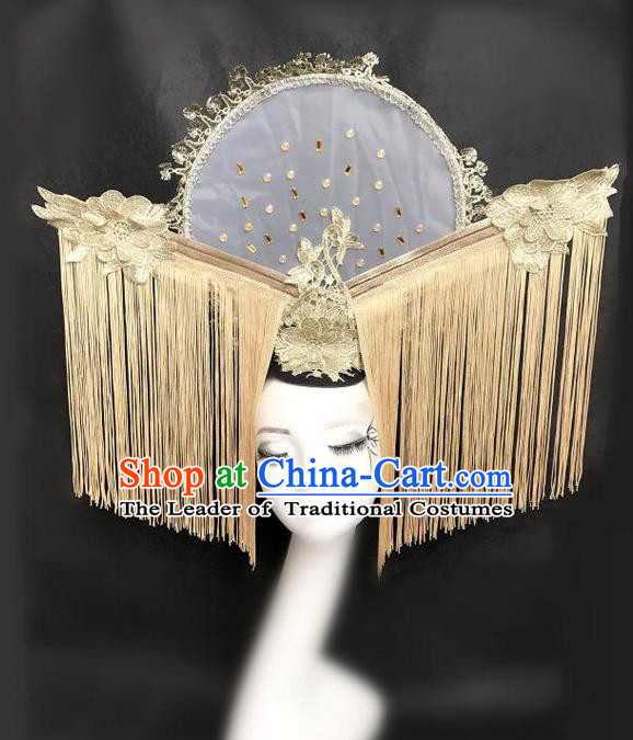 Top Grade Chinese Theatrical Asian Traditional Headdress Headdress Ornamental Exaggerated Golden Tassel Hair Accessories, Halloween Fancy Ball Ceremonial Occasions Handmade Headwear for Women