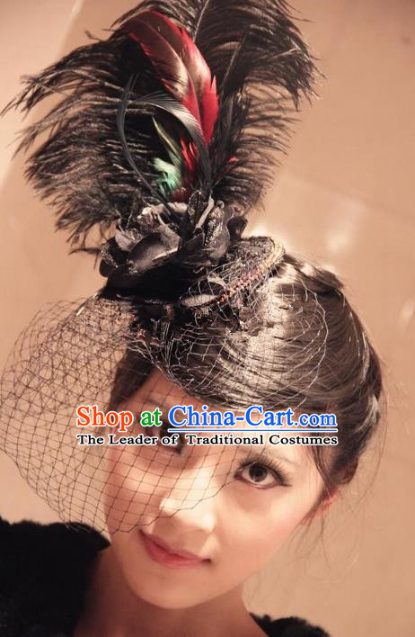 Top Grade Chinese Theatrical Traditional Ornamental Exaggerated Ostrich Feather Hair Accessories, Brazilian Carnival Halloween Occasions Handmade Veil Headwear for Women