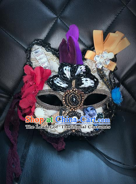 Top Grade Chinese Theatrical Headdress Ornamental Masquerade Mask, Brazilian Carnival Halloween Occasions Handmade Miami Debutante Flower Cat Mask for Women