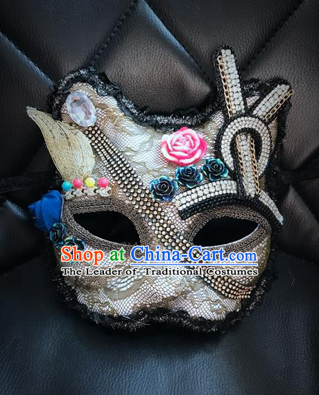 Top Grade Chinese Theatrical Headdress Ornamental Masquerade Mask, Brazilian Carnival Halloween Occasions Handmade Miami Debutante Crystal Cat Mask for Women