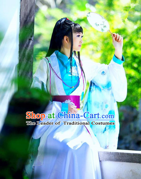 Traditional Ancient Chinese Young Lady Blue Costume, Chinese Han Dynasty Imperial Princess Fairy Dress Hanfu Clothing for Women