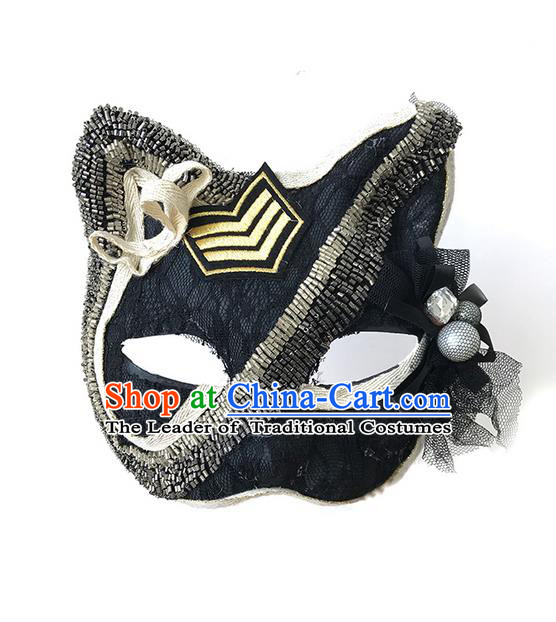 Top Grade Asian Headpiece Headdress Ornamental Cat Mask, Brazilian Carnival Halloween Occasions Handmade Miami Black Mask for Women