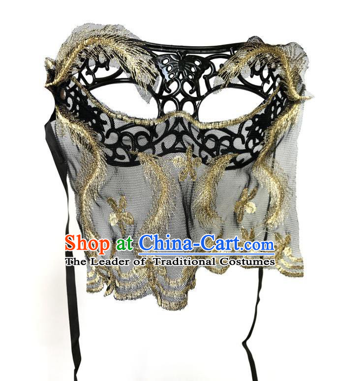 Top Grade Asian Headpiece Headdress Ornamental Cosplay Golden Embroidery Mask, Brazilian Carnival Halloween Occasions Handmade Miami Vintage Veil Mask for Women