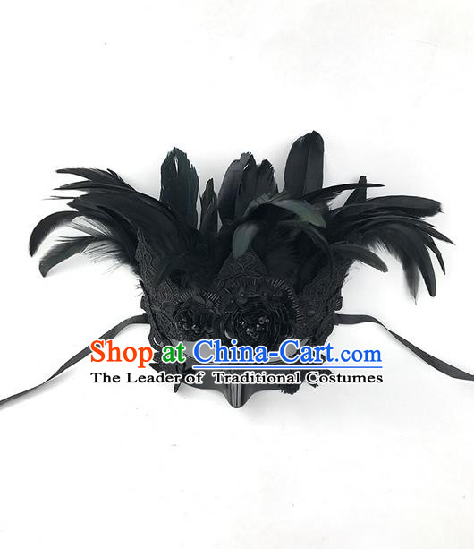 Top Grade Asian Headpiece Headdress Ornamental Black Feather Mask, Brazilian Carnival Halloween Occasions Handmade Miami Cosplay Mask for Men
