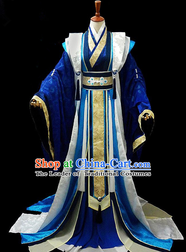 Traditional Ancient Chinese Nobility Childe Blue Costume Complete Set, Chinese Tang Dynasty Royal Prince Robes Hanfu Clothing for Men
