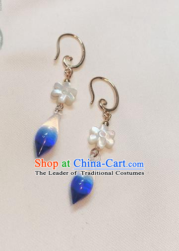 Asian Chinese Traditional Headdress Deep Blue Crystal Tassel Earrings, China Ancient Handmade Bride Hanfu Eardrop for Women