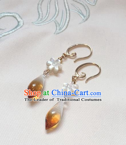 Asian Chinese Traditional Headdress Yellow Crystal Tassel Earrings, China Ancient Handmade Bride Hanfu Eardrop for Women