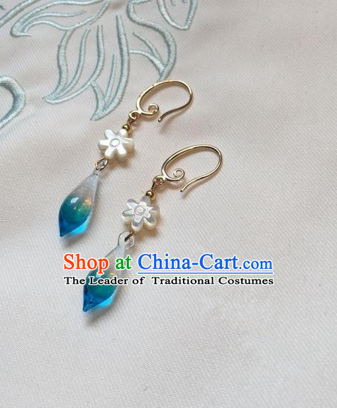 Asian Chinese Traditional Headdress Blue Crystal Tassel Earrings, China Ancient Handmade Bride Hanfu Eardrop for Women