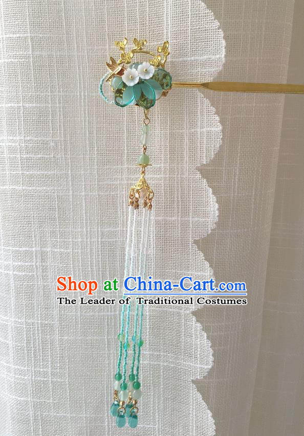 Asian Chinese Traditional Headdress Green Beads Tassel Hair Accessories Hairpins, China Ancient Handmade Bride Hanfu Step Shake Flowers Hair Stick Headwear for Women
