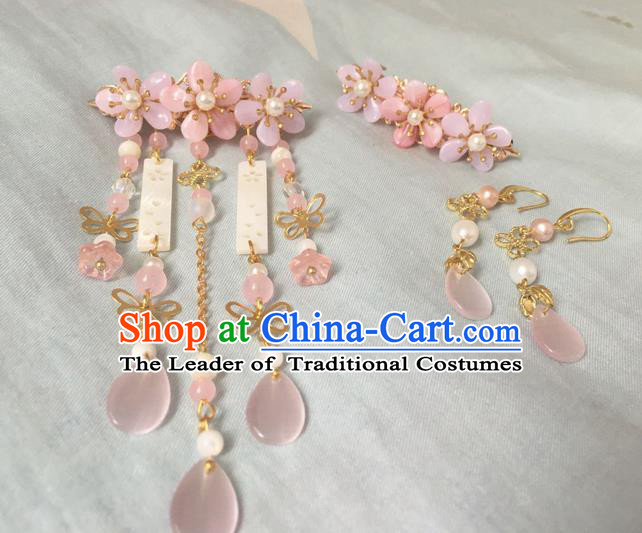 Asian Chinese Traditional Headdress Pink Jade Hair Accessories Hairpins, China Ancient Handmade Bride Hanfu Tassel Step Shake Headwear for Women