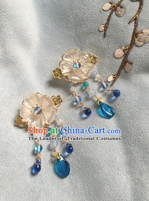 Asian Chinese Traditional Headdress Blue Crystal Hair Accessories Hairpins, China Ancient Handmade Bride Hanfu Tassel Step Shake Headwear for Women