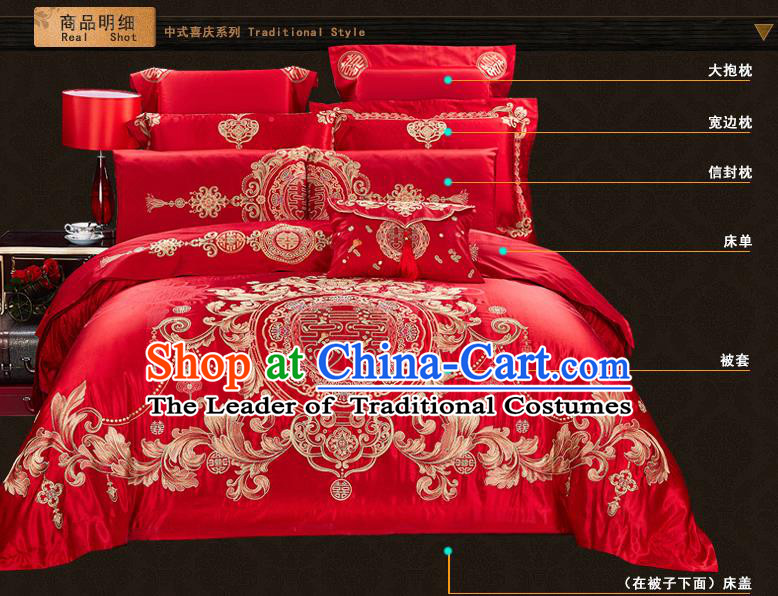 Traditional Chinese Style Wedding Bedding Article Embroidery Dragon and Phoenix Sheet and Duvet Cover Red Textile Bedding Suit