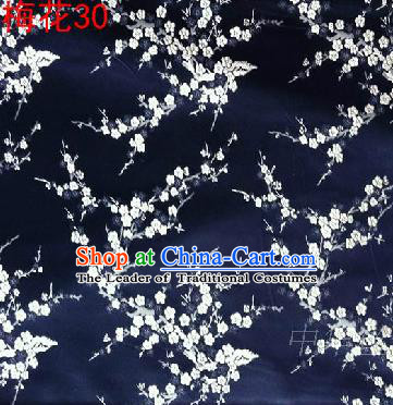 Asian Chinese Traditional Embroidery White Plum Blossom Navy Silk Fabric, Top Grade Brocade Embroidered Tang Suit Hanfu Dress Fabric Cheongsam Material