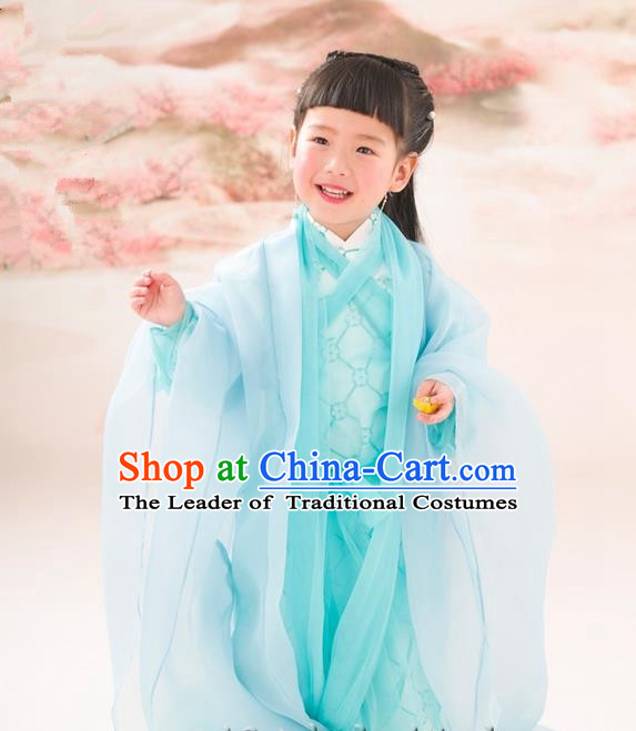 Traditional Ancient Chinese Apsara Girls Embroidery Wedding Costume, Children Elegant Hanfu Clothing Tang Dynasty Princess Fairy Green Dress Clothing for Kids