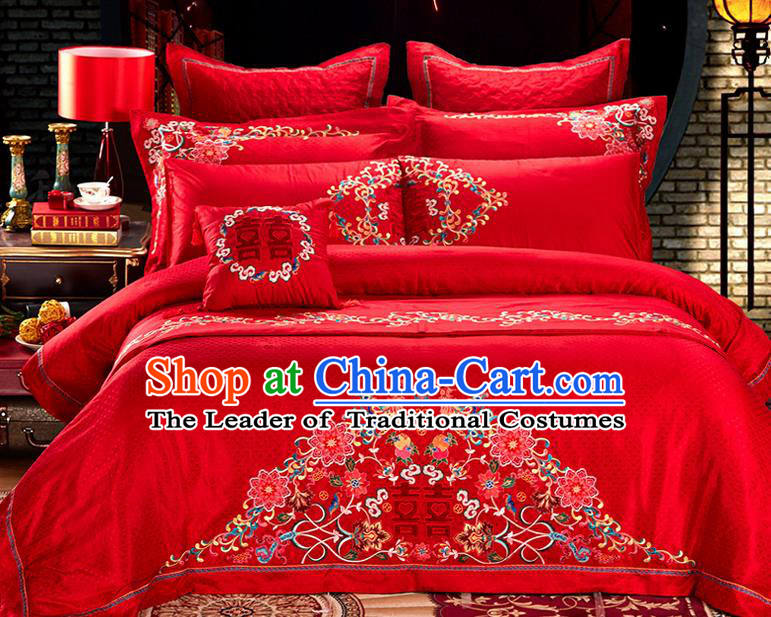 Traditional Asian Chinese Style Wedding Article Embroidery Happy Character Satin Drill Bedding Sheet Complete Set, Duvet Cover Phoenix Red Lace Textile Bedding Six-piece Suit