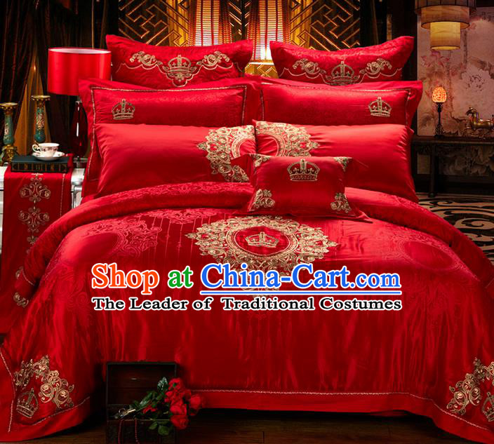 Traditional Asian Chinese Style Wedding Article Jacquard Weave Bedding Sheet Complete Set, Embroidery Royal Crown Red Ten-piece Duvet Cover Satin Drill Textile Bedding Suit