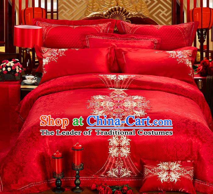 Traditional Asian Chinese Style Wedding Article Bedding Sheet Complete Set, Embroidery Peony Ten-piece Duvet Cover Satin Drill Textile Bedding Suit