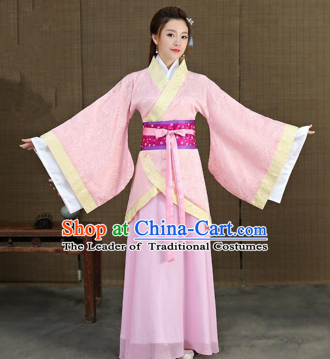 Traditional Asian Chinese Ancient Han Dynasty Imperial Princess Costume, China Elegant Hanfu Clothing Fairy Noble Lady Embroidered Pink Dress Clothing
