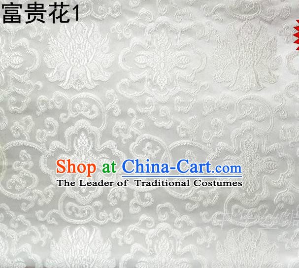 Asian Chinese Traditional Riches and Honour Flowers White Embroidered Silk Fabric, Top Grade Arhat Bed Brocade Satin Tang Suit Hanfu Dress Fabric Cheongsam Cloth Material