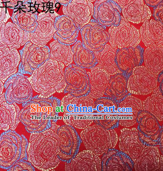 Asian Chinese Traditional Jacquard Weave Golden Rose Flowers Red Satin Mulberry Silk Fabric, Top Grade Brocade Tang Suit Hanfu Princess Dress Fabric Cheongsam Cloth Material