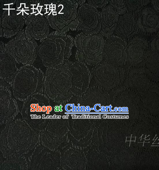 Asian Chinese Traditional Jacquard Weave Rose Flowers Black Satin Mulberry Silk Fabric, Top Grade Brocade Tang Suit Hanfu Princess Dress Fabric Cheongsam Cloth Material