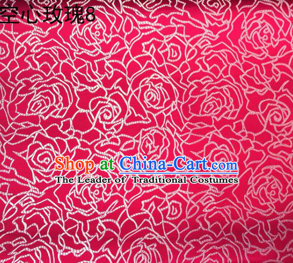 Asian Chinese Traditional Jacquard Weave Embroidered Rose Flowers Rosy Satin Silk Fabric, Top Grade Brocade Tang Suit Hanfu Coat Dress Fabric Cheongsam Cloth Material