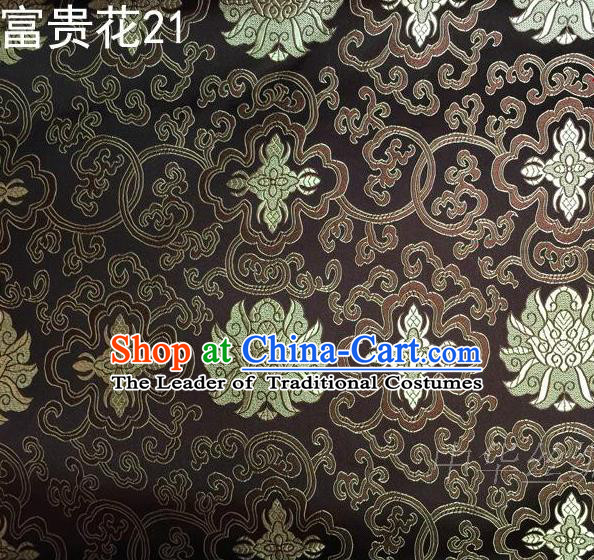 Asian Chinese Traditional Golden Riches and Honour Flowers Embroidered Brown Silk Fabric, Top Grade Arhat Bed Brocade Satin Tang Suit Hanfu Dress Fabric Cheongsam Cloth Material