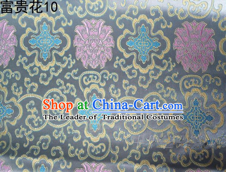 Asian Chinese Traditional Riches and Honour Flowers Embroidered Grey Silk Fabric, Top Grade Arhat Bed Brocade Satin Tang Suit Hanfu Dress Fabric Cheongsam Cloth Material