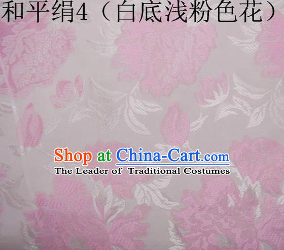 Asian Chinese Traditional Embroidered Pink Flowers White Silk Fabric, Top Grade Arhat Bed Brocade Tang Suit Hanfu Dress Fabric Cheongsam Cloth Material
