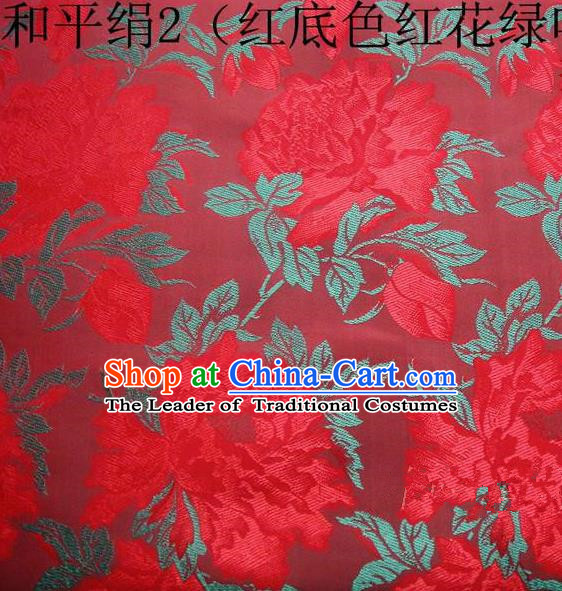 Asian Chinese Traditional Embroidered Red Flowers Red Silk Fabric, Top Grade Arhat Bed Brocade Tang Suit Hanfu Dress Fabric Cheongsam Cloth Material