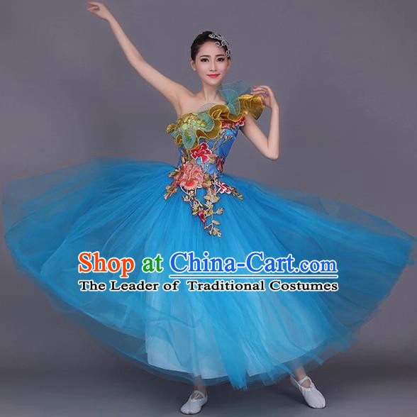 Chinese Classic Stage Performance Dance Costumes, Opening Dance Folk Dance Classic Dance Big Swing One-shoulder Blue Veil Dress for Women