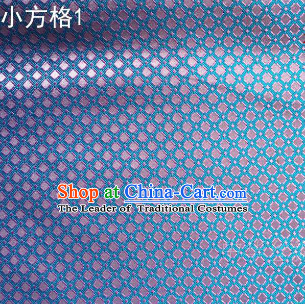 Asian Chinese Traditional Embroidery Pink Small Check Blue Silk Fabric, Top Grade Arhat Bed Brocade Tang Suit Hanfu Tibetan Dress Fabric Cheongsam Cloth Material
