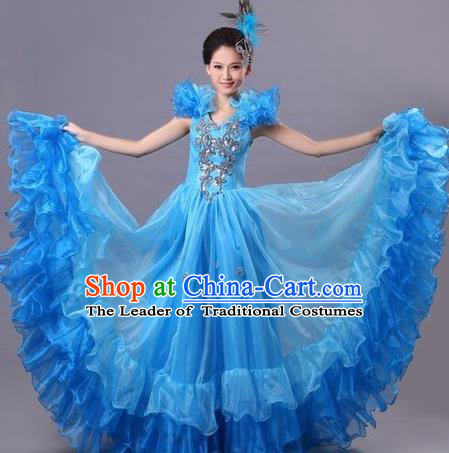 Chinese Classic Stage Performance Dance Costumes, Opening Dance Competition Blue Dress, Folk Dance Classic Big Swing Dance Clothing for Women