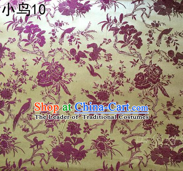 Asian Chinese Traditional Embroidery Purple Magpie Plum Blossom Satin Golden Silk Fabric, Top Grade Brocade Tang Suit Hanfu Full Dress Fabric Cheongsam Cloth Material