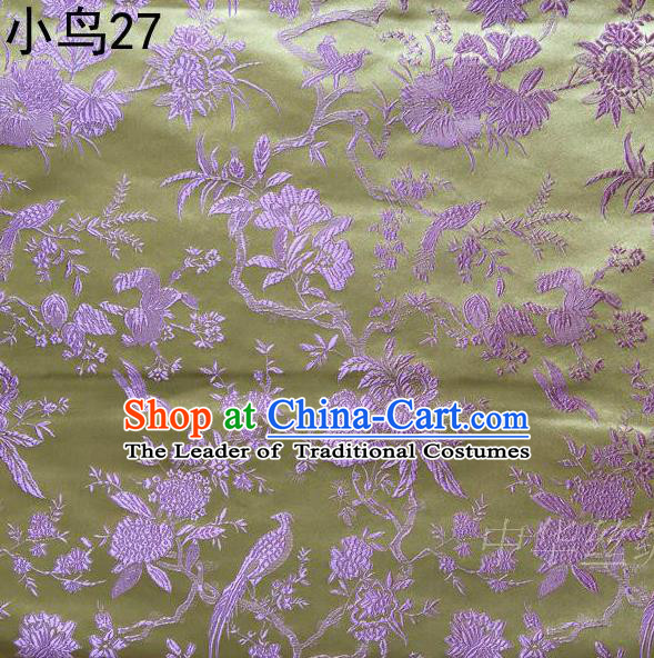 Asian Chinese Traditional Embroidery Pink Magpie Peony Satin Yellow Silk Fabric, Top Grade Brocade Tang Suit Hanfu Full Dress Fabric Cheongsam Cloth Material