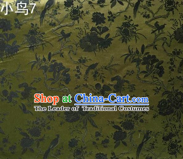 Asian Chinese Traditional Embroidery Magpie Peony Satin Olive Green Silk Fabric, Top Grade Brocade Tang Suit Hanfu Full Dress Fabric Cheongsam Cloth Material