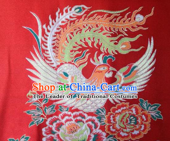 Asian Chinese Traditional Embroidery Phoenix Peony Red Satin Wedding Silk Fabric, Top Grade Brocade Tang Suit Hanfu Full Dress Fabric Cheongsam Cloth Material