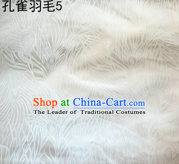 Asian Chinese Traditional Embroidery Peacock Feathers White Satin Wedding Silk Fabric, Top Grade Brocade Tang Suit Hanfu Dress Fabric Cheongsam Cloth Material