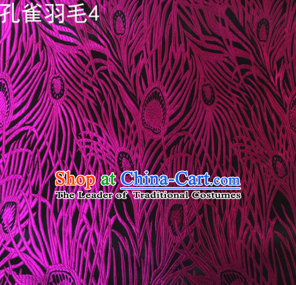 Asian Chinese Traditional Embroidery Peacock Feathers Rosy Satin Wedding Silk Fabric, Top Grade Brocade Tang Suit Hanfu Dress Fabric Cheongsam Cloth Material