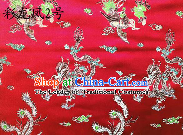 Asian Chinese Traditional Embroidery Colorful Dragon and Phoenix Bringing Prosperity Red Satin Silk Fabric, Top Grade Tibetan Brocade Tang Suit Hanfu Fabric Cheongsam Cloth Material