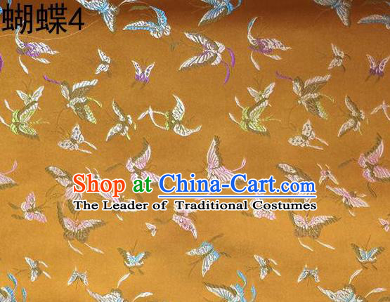 Asian Chinese Traditional Embroidery Colorful Butterflies Yellow Satin Silk Fabric, Top Grade Brocade Tang Suit Hanfu Fabric Cheongsam Cloth Material
