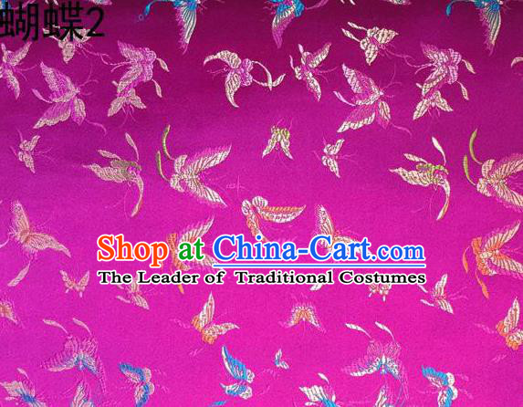 Asian Chinese Traditional Embroidery Colorful Butterflies Rosy Satin Silk Fabric, Top Grade Brocade Tang Suit Hanfu Fabric Cheongsam Cloth Material