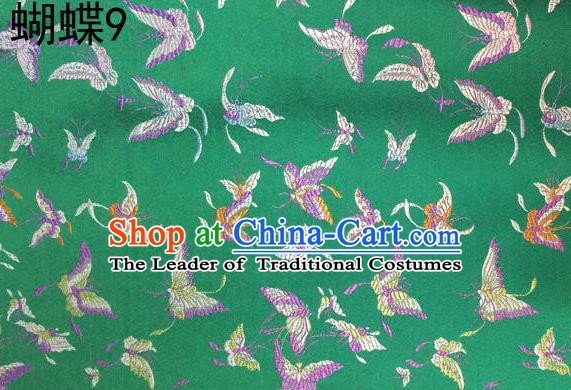 Asian Chinese Traditional Embroidery Colorful Butterflies Green Satin Silk Fabric, Top Grade Brocade Tang Suit Hanfu Fabric Cheongsam Cloth Material