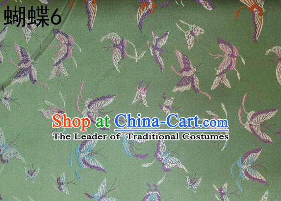 Asian Chinese Traditional Embroidery Colorful Butterflies Light Green Satin Silk Fabric, Top Grade Brocade Tang Suit Hanfu Fabric Cheongsam Cloth Material