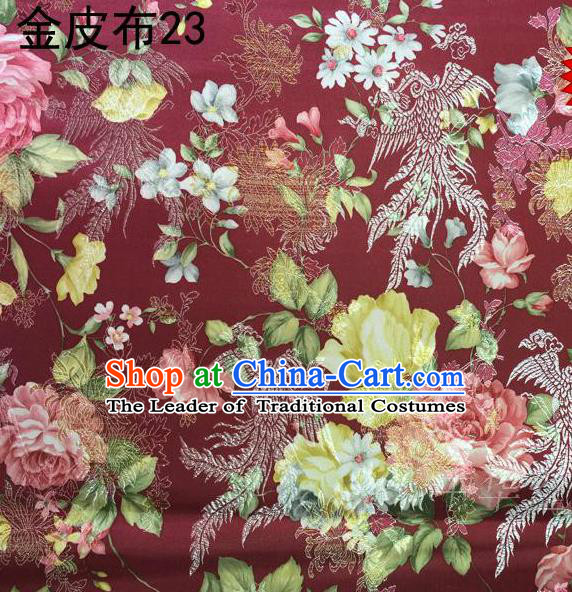 Asian Chinese Traditional Embroidery Peony Dark Red Satin Silk Fabric, Top Grade Brocade Tang Suit Hanfu Fabric Cheongsam Cloth Material
