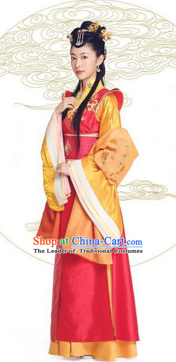 Asian Chinese Northern and Southern Dynasty Imperial Consort Costume and Headpiece Complete Set, China Ancient Elegant Hanfu Clothing Palace Lady Embroidered Dress