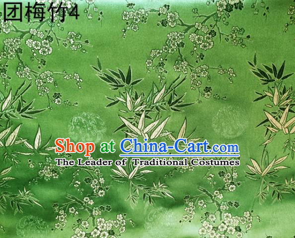 Asian Chinese Traditional Handmade Embroidery Plum and Bamboo Silk Fabric, Top Grade Nanjing Brocade Tang Suit Hanfu Green Fabric Cheongsam Cloth Material