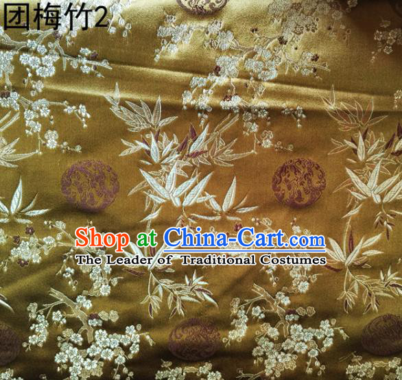 Asian Chinese Traditional Handmade Embroidery Plum and Bamboo Silk Fabric, Top Grade Nanjing Brocade Tang Suit Hanfu Mud Golden Fabric Cheongsam Cloth Material