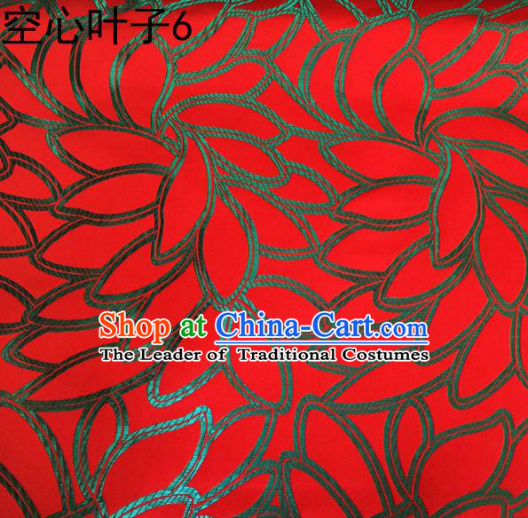 Asian Chinese Traditional Handmade Embroidery Leaf Pattern Satin Wedding Silk Fabric, Top Grade Nanjing Brocade Tang Suit Hanfu Fabric Cheongsam Red Cloth Material